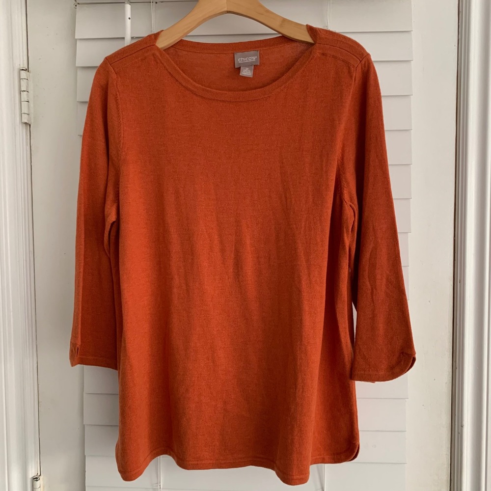 Chicos Burnt Orange Crew Neck 3/4 Sleeve Knit Sweater Top Size 2 L Large